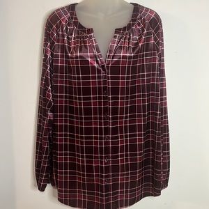 Chico's Burgundy Windowpane Plaid Velvet Button-Down Blouse Long Sleeve Size L